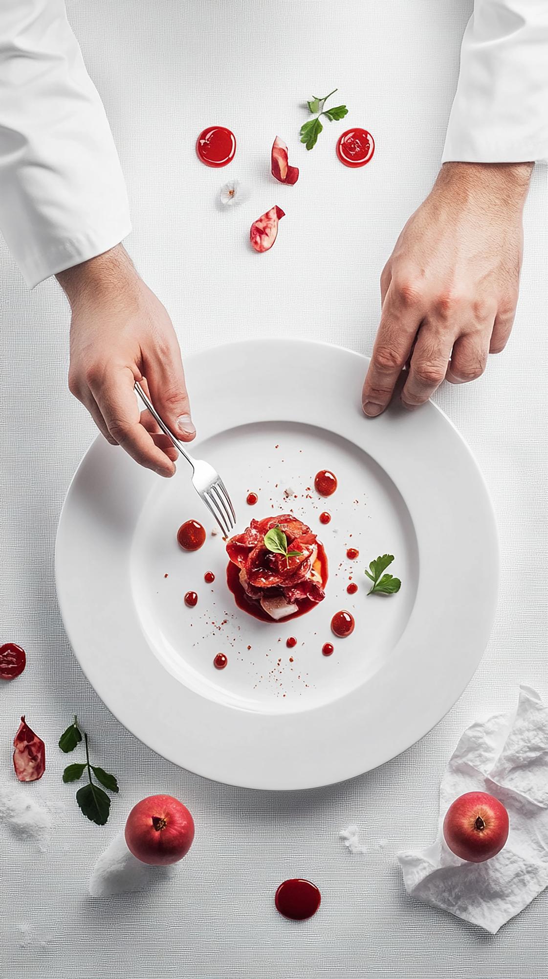 Hands plating a composed dish precisely