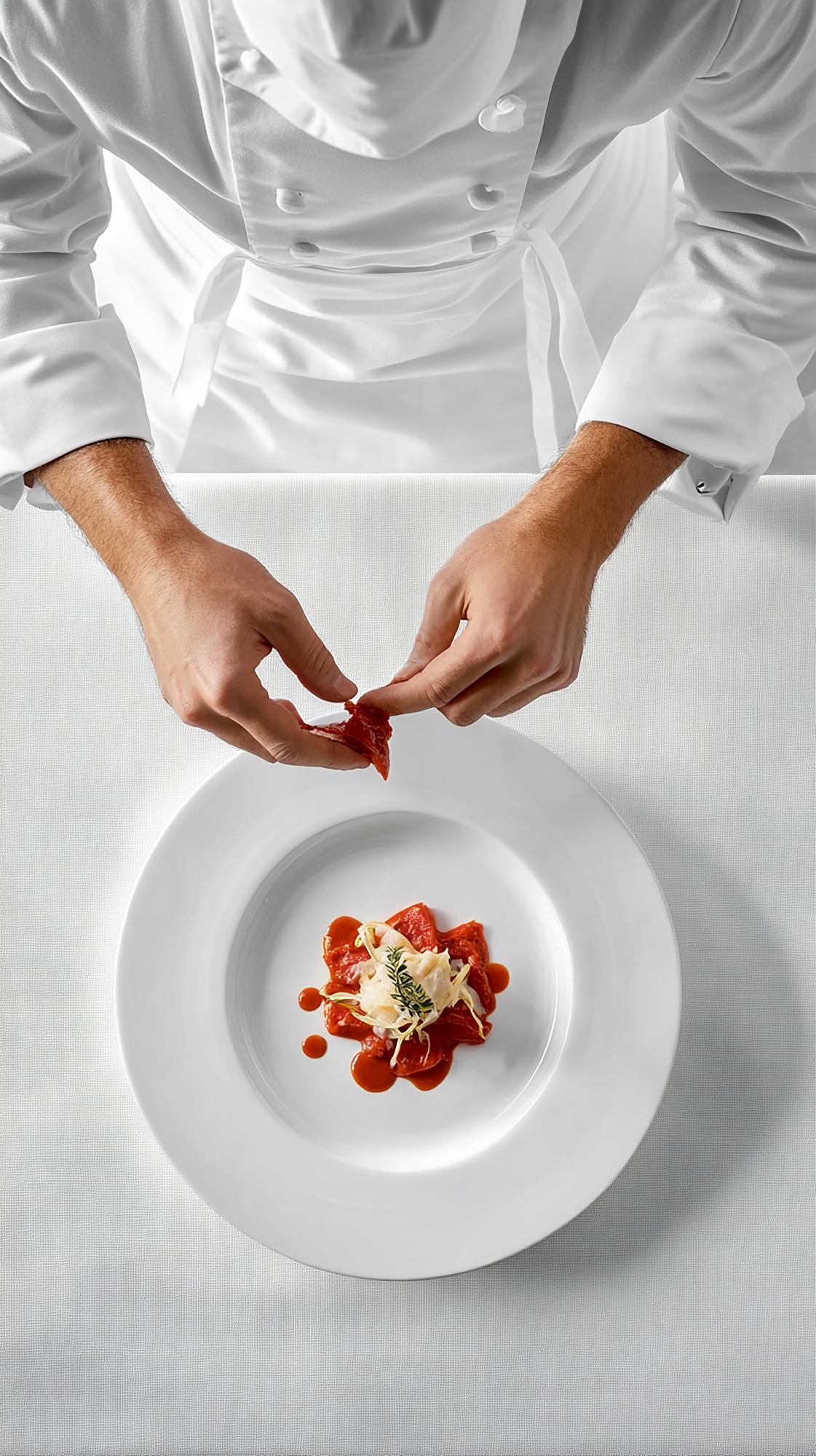 Instructor demonstrating plating technique in professional kitchen